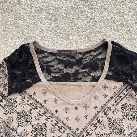 Y2K Whimsygoth Studded Lace Flowy Abstract Black & Brown Long Sleeve Top - Picture 8 of 11